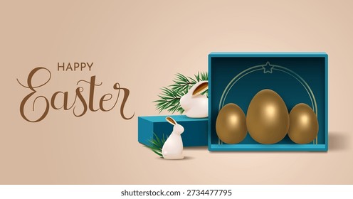 Easter Gift Box Display With Golden Easter Eggs Elegant Greeting Card Illustration for Holiday Promotion and Seasonal Design