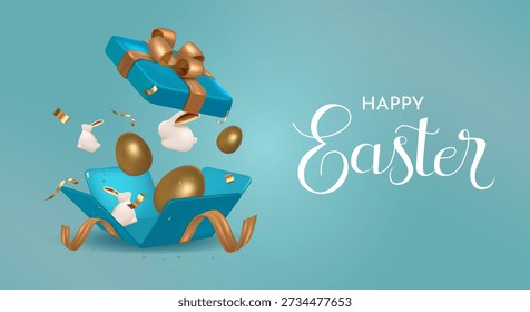 Easter Gift Box Explosion With Golden Easter Eggs and Ribbon Greeting Banner Illustration for Holiday Promotion and Marketing