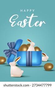 Easter Gift Box With Golden Easter Eggs and Bunny Illustration Vertical Greeting Card for Holiday Promotion and Celebration Design