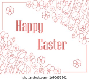 Tarjeta de saludo lineal de Pascua con flores de primavera