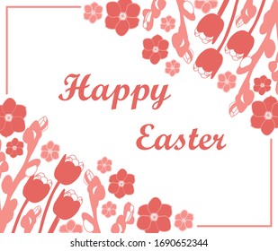 Easter gift card with red and pink  tulips, narcissus and rowan. Easter Greeting card with spring flowers and willow.