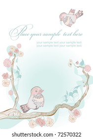 Easter gift card where you can place your text. Two birds singing and flying near bloom tree. Without meshes, gradients. Illustrator 8 file.