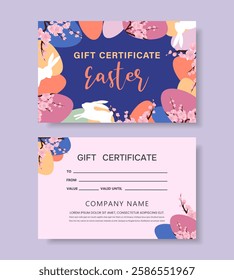 Easter gift certificate template with bunnies, flowers and Easter eggs. Vector.