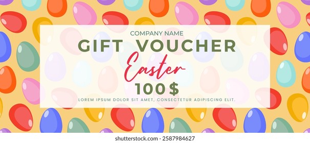 Easter gift certificate template with colorful eggs. Vector.