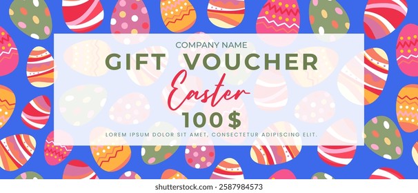 Easter gift certificate template. Gift certificate template for Easter holiday with colorful eggs. Vector.