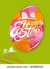 Easter gift egg on green background. Holiday card. 