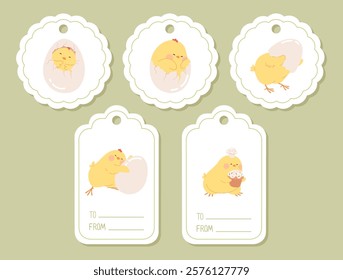 Easter gift tag set with cute chicks hatched from eggs. Easter gift tags and price tags with yellow chickens. Templates for label, wrapping gift, custom card, packaging decor. Flat vector illustration