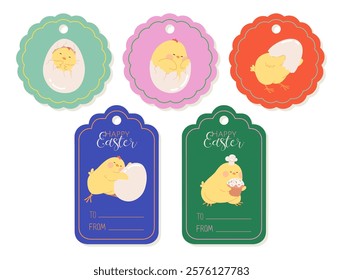 Easter gift tag set with cute hatching chicks. Colorful Easter gift tags and price tags with yellow chickens. Templates for label, wrapping gift, custom card, packaging decor. Flat vector illustration