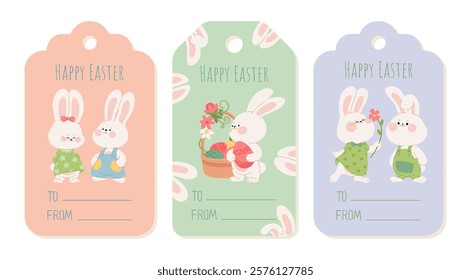 Easter gift tag set with cute bunny couples. Label collection with Easter rabbits and flowers. Perfect templates for wrapping gifts, custom cards, and present packaging decor. Flat vector illustration