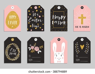 Easter gift tags with cute Easter bunny, watering can with flowers and Easter greetings. Set of bright holiday labels.