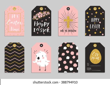 Easter gift tags with cute Easter bunny, watering can with flowers and Easter greetings. Set of bright holiday labels.