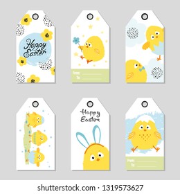 Etiquetas de regalo de Pascua con pollos lindos. Conjunto de vacaciones vectoriales.