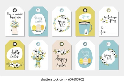 Easter gift tags with cute with flowers, eggs and greetings. Set of bright holiday labels.