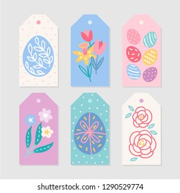 Easter Gift Tags with eggs, tulip, narcissus, flower, roses in Blue, Pink, Green, Violet and White. Perfect for spring holidays