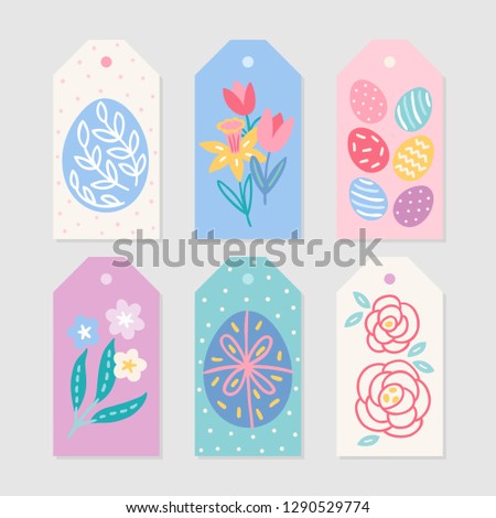 Easter Gift Tags with eggs, tulip, narcissus, flower, roses in Blue, Pink, Green, Violet and White. Perfect for spring holidays