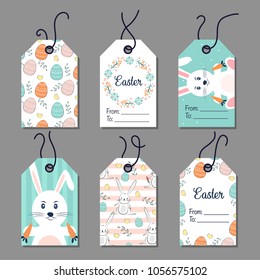 Easter gift tags set. Hand drawn design elements. Cards with Easter bunny. Vector illustration.