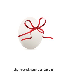 Easter gift white chicken egg tied with silk ribbon, realistic mockup vector illustration isolated on white background. Easter holiday festive symbol.