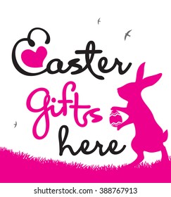 Easter gifts here illustration. Easter greeting card.
