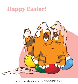 Easter ginger cat with colored eggs with the inscription on a white background. Cartoon. Design for greeting cards, t-shirts, flyers, banners.