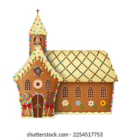 easter gingerbread church with cookies and candies. gingerbread easter church with sweets and lollipops