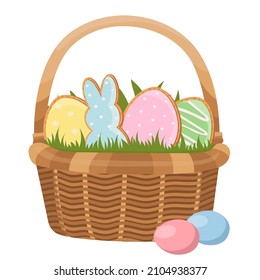 Easter gingerbread cookies in basket. Eggs and rabbits. Easter tradition. Vector illustration. 