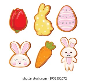 Easter gingerbread cookies icon, Easter holiday, colored eggs, carrot and bunny. Vector Easter