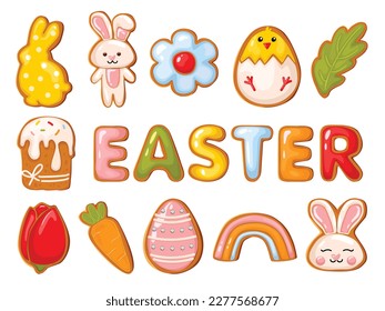 Easter gingerbread cookies icon, Easter holiday, colored eggs, carrot and bunny. Vector