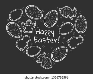 Easter gingerbread cookies illustration  white outline isolated on black