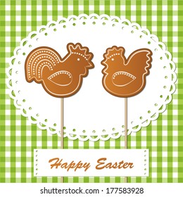 easter gingerbread cookies on spring background, chickens