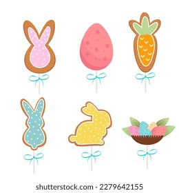 Easter gingerbread cookies rabbits, eggs, carrot. Easter decoration. Flat vector illustration