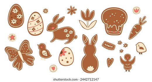 Ostern Lebkuchen Cookies gesetzt. Kaninchenhase, Blume, Ostereier, Osterkuchen, Vögel. Vector Frühlingsnahrung Illustration, leckere Bäckereielemente für Urlaubsdekor. Handgezeichnete süße Kekse, Desserts