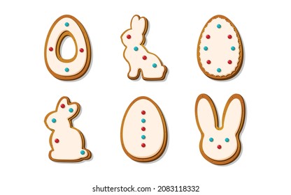 Easter gingerbread cookies in the shape of eggs long ears and rabbits in cartoon style. Icing Sweet biscuits isolated on white background. A holiday of religion. Vector illustration