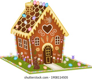 easter gingerbread house with chocolate rabbit and flowers