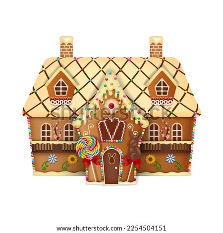 easter gingerbread house with cookies and candies. gingerbread easter cottage with sweets and lollipops