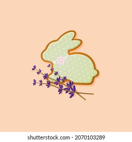 Easter gingerbread in the shape of a bunny with lavender