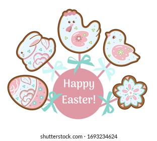 Easter gingerbreads in the form of figures - an egg, a rabbit, a bird, a flower and a chicken. Vector image isolated on a white background.