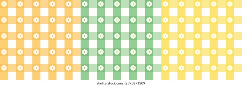 Easter Gingham pattern set in green, orange yellow. Seamless floral vichy checked plaid backgrounds for gift wrapping, dress, skirt, digital paper, or other modern holiday textile or paper design.