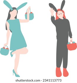 Easter girl with bunny ears and bag. Vector illustration in flat style.