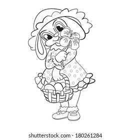 Easter girl-hare in a cap with the small basket of the eggs and flower in hands.