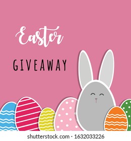 Easter giveaway. Vector flat illustration of colorful eggs and bunny character. Elements isolated on a pink background,