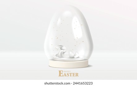 Easter glass egg on podium with rabbit and white eggs inside. Happy Easter poster. Vector illustration for card, party, design, flyer, banner, web.
