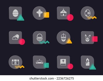easter glass morphism trendy style icons. easter transparent glass vector icons with color memphis figures. for web and ui design, mobile apps and promo business advertising