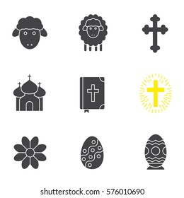 Easter glyph icons set. April 16 silhouette symbols. Flower, church, Holy Bible, Easter eggs, lambs and crosses. Vector isolated illustration