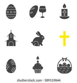 Easter glyph icons set. April 16 silhouette symbols. Wine and bread, cross, church, Easter bunny, eggs in basket, cake with candle. Vector isolated illustration