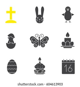 Easter glyph icons set. April 16 silhouette symbols. Cross on hill, newborn chicken in egg shell, Easter bunny, eggs with cake and candles, calendar, butterfly. Vector isolated illustration