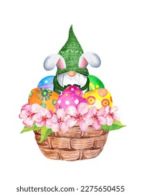 Genoma de Pascua en canasta con huevos de Pascua y flores. Elemento de diseño vectorial de acuarela con ilustración vintage floral