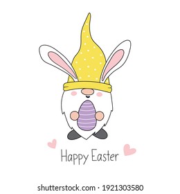 Easter Gnome, Easter Bunny gnome with rabbit ears. Happy Easter. Cartoon style. Hand-drawn vector illustration. Isolated on white. Good for t shirts, postcards.