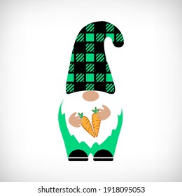 Easter gnome with carrots. Buffalo Plaid Gnome. Scandinavian Nordic Gnome with buffalo plaid hat. Cute gnomes collection. Funny dwarf for greeting card, t shirt print, web design. Vector illustration.