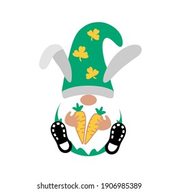 Easter gnome with carrots for ester bunny on white background. Scandinavian Nordic Gnome with bunny ears. Cute gnomes collection. Sitting for Easter greeting card, t shirt print.