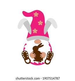 Easter Gnome with easter chocolate rabbit on white background. Scandinavian Nordic Gnome with bunny ears. Cute gnomes collection. Sitting dwarf for Easter greeting card, t shirt print.